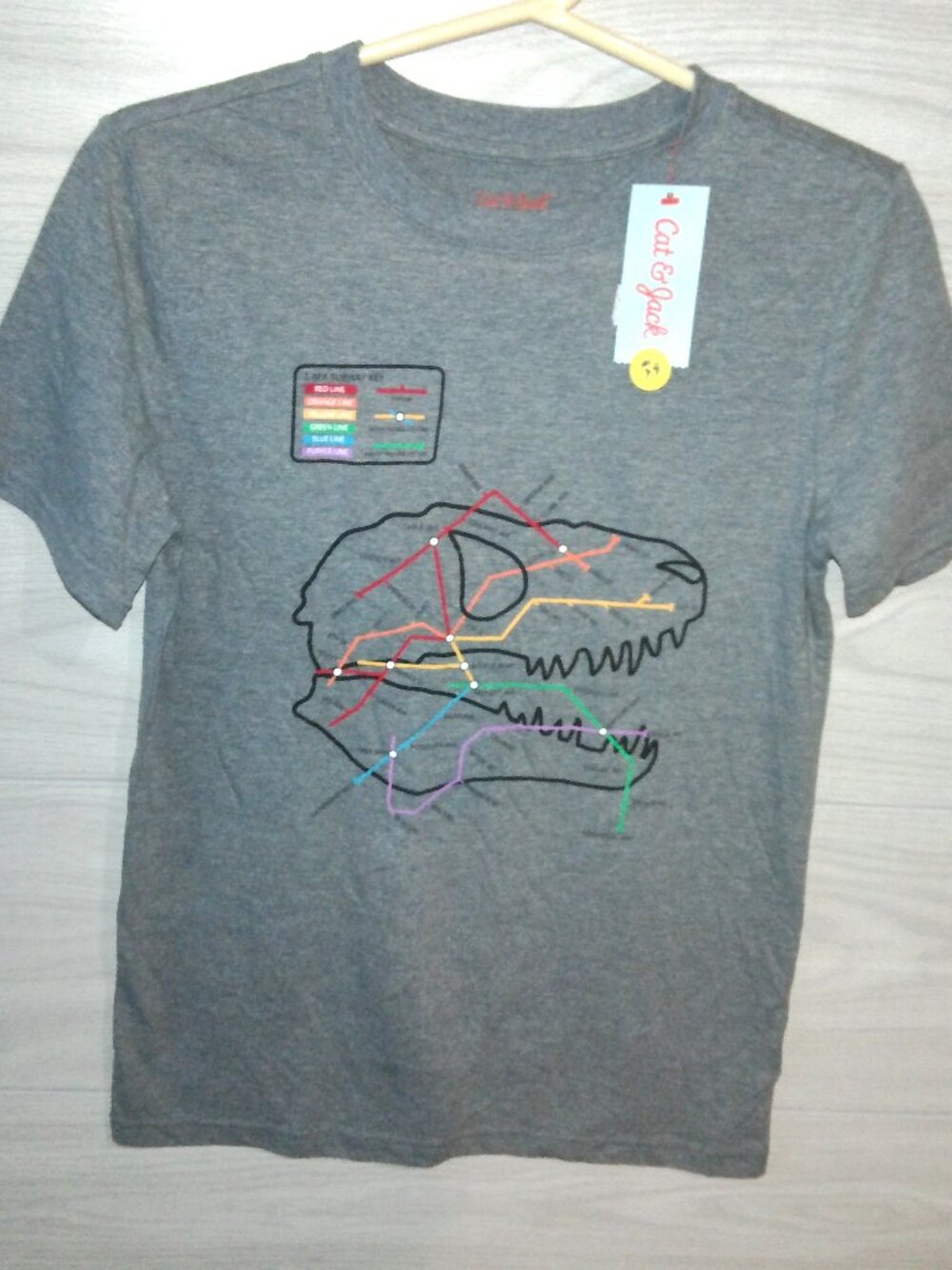 Cat & Jack Dinosaur T-Shirt Boy's Size XL (16) Dino Subway Map T-Rex Gray NEW